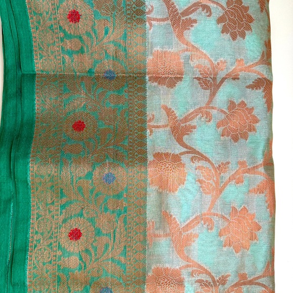 Indian women saree semi Banarasi with unstitched blouse pista green / orange - Picture 2 of 7